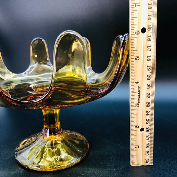 Mid Century Amber Art Glass Pedestal Compote 8 petals Vintage Bowl Centerpiece - Picture 10 of 10
